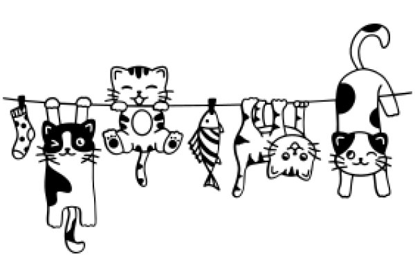 A Playful Scene of Cats and Fish on a Clothesline