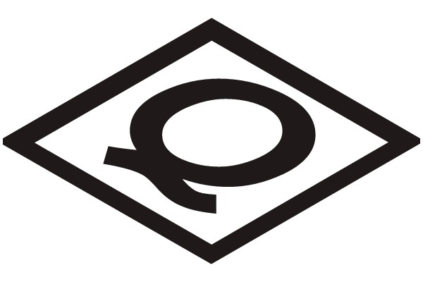 Black and white abstract symbol within a diamond shape.