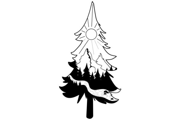 AChristmas Tree with Sun and Mountains in the Background