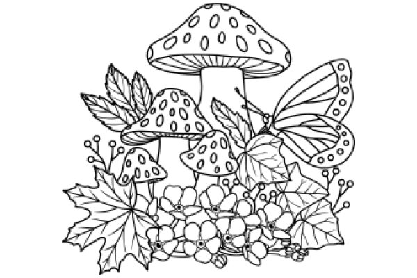 Whimsical Garden: A Coloring Book Page Featuring Mushrooms, Butterflies, and Autumn Leaves