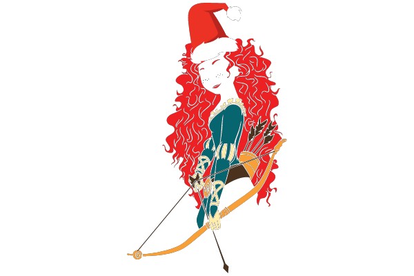 A Whimsical Illustration of a Mermaid-like Character with a Bow and Arrow, Embracing Her Red Hair and Wearing a Hat