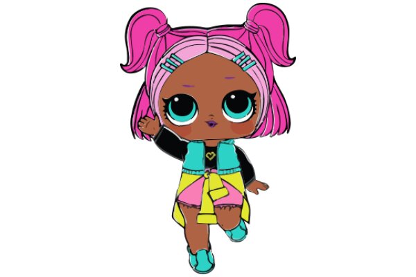 Vibrant Anime-Style Character with Pink Hair and Pink Eyes, Wearing a Yellow and Pink Outfit and Pink Ears, Floating in a White Background.