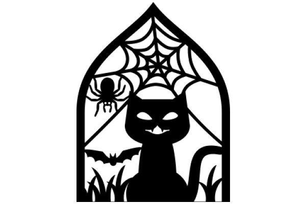Whimsical Halloween Decoration: A Silhouette of a Cat Surrounded by Spiderwebs and Bats