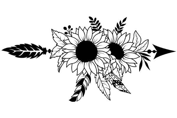Stylized Sunflower with Feather-like Petals and Leaves