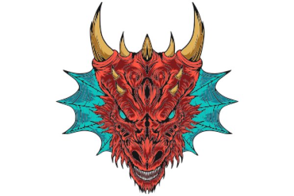 Vivid Illustration of a Fantastical Red Dragon with Horns and Blue Scales