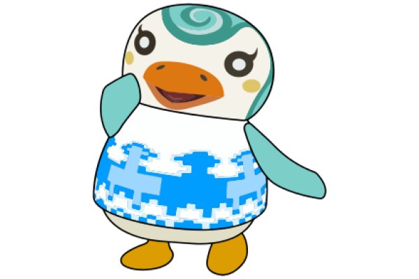 Stylish Penguin Character with Blue and White Patterned Sweater and Blue Feathers