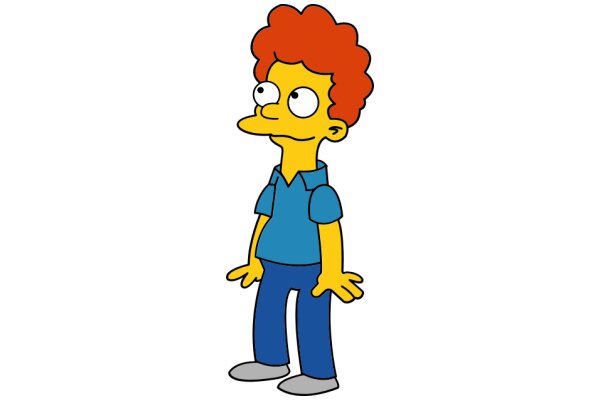 A Cartoon Character with Red Hair and Blue Clothes, Standing with Hands on Hips and a Smile on Face.