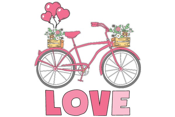 A Pink Bicycle with a Basket of Flowers and Balloons, Symbolizing Love and Celebration.