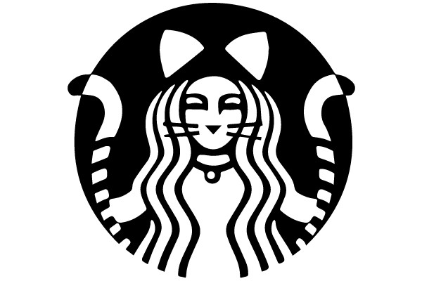 A whimsical, stylized depiction of a character with a cat's face and long, flowing hair, framed by the iconic round logo of a well-known coffee brand.