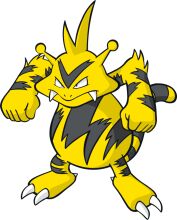 Vividly Detailed Cartoon of a Yellow and Black Pokémon with a Mischievous Expression