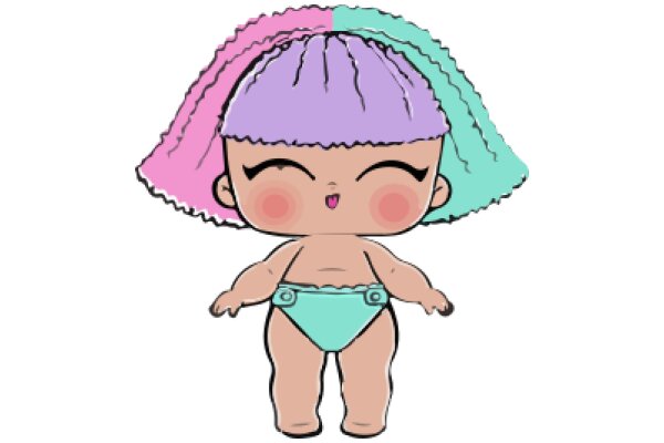 Adorable Cartoon Character: A Chubby Baby with a Pink and Purple Headband and a Blue Swimsuit, Standing in a White Background.