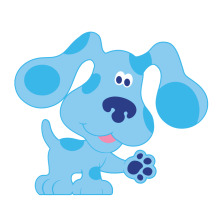 A Friendly Blue Dog with a Pink Tongue and Blue Paws, Standing on a White Background.