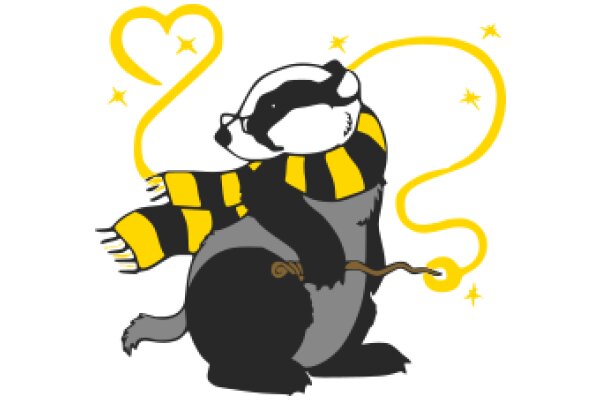 A Playful Illustration of a Badger Character with a Heart and a Wand, Surrounded by Stars and a Yellow Trail.
