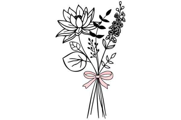 A Delicate Bouquet of Flowers and Plants, with a Pink Ribbon