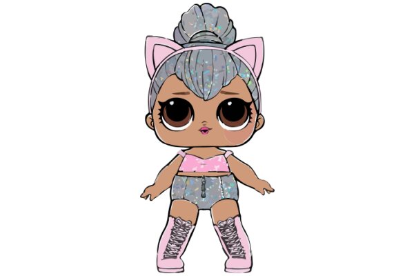 An Adorable Cartoon Character: A Grey Cat with Pink Eyes and Ears, Wearing a Pink Shirt and Pink Boots.