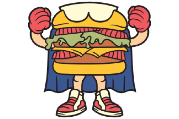 A Playful Illustration of a Burger Character with Red Gloves and a Blue Cape, Ready to Take on the World!