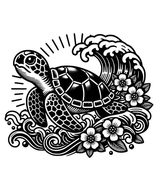 A Stylized Illustration of a Turtle and a Wave with Floral Accents