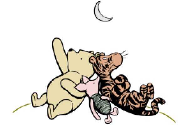 A Cozy Night: A Bear, A Tiger, and a Piglet Share a Moonlit Snuggle
