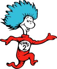 Whimsical Cartoon Character: A Blue-Haired, Red-Outfitted Figure with a Smile and the Word 'Thing 2' on its Chest