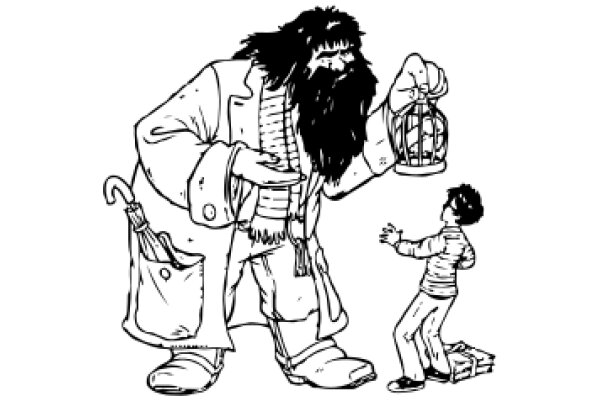 A Whimsical Encounter: A Bearded Man with a Birdcage and a Boy with a Bag