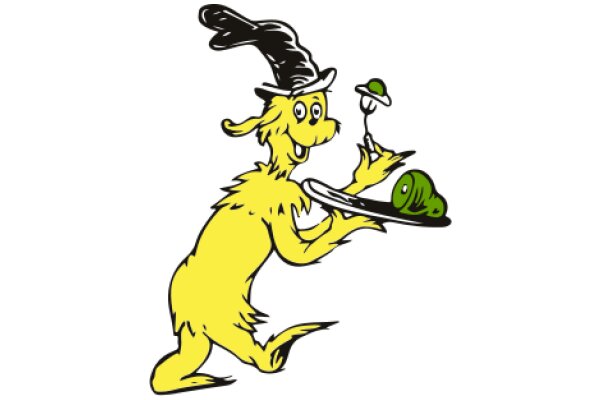 A Whimsical Scene of a Yellow Dog with a Hat and a Plate of Food