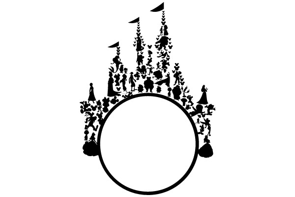 A Silhouette of a Festive Scene with People, Flags, and a Large Circle at the Center