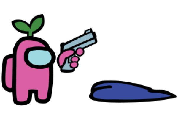 A Playful Scene of a Pink Cartoon Character with a Gun and a Blue Object