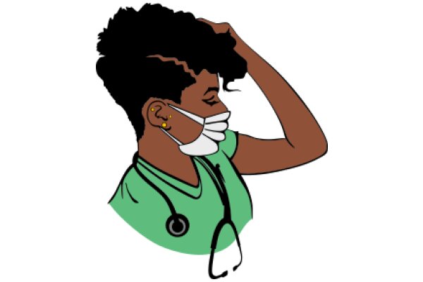 A Medical Professional in a Green Shirt and Face Mask, with a Stethoscope and Earrings, Scratching Her Head in a Thoughtful Pose