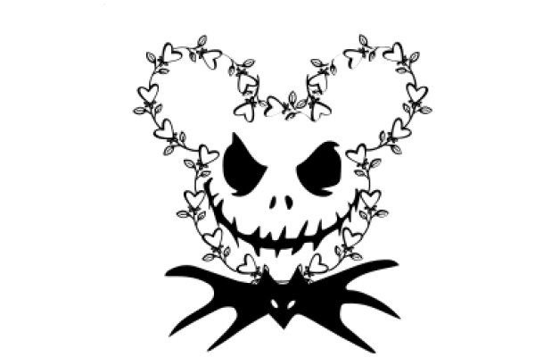 Whimsical Halloween Decoration: A Skull with a Heart-shaped Wreath and Bat Design