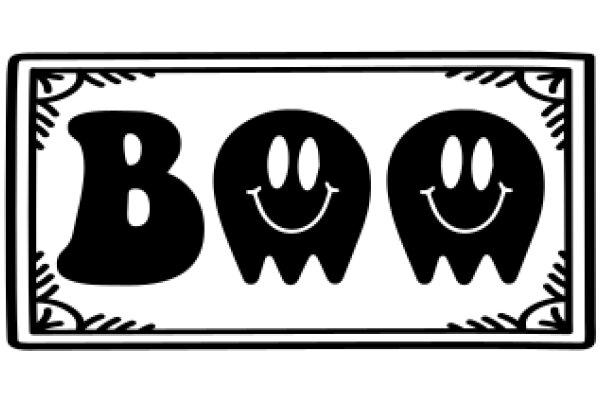 Halloween-themed Sign with Two Ghosts and the Word 'BOO' in a Stylized Frame