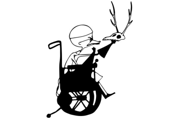 A Silhouette of a Man in a Wheelchair, Holding a Skull and a Deer Head, with a Cane in the Background