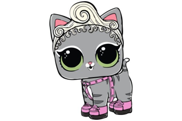Adorable Cartoon Cat with a Pink Bow and Pink Shoes, Standing on a White Background