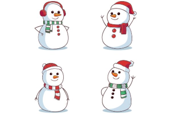 A Festive Trio: Christmas-themed Snowmen with Headphones and Santa Hats