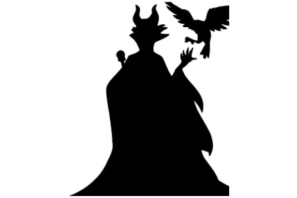 Silhouette of a Fantasy Scene: A Dark Figure with Horns and a Bird in Flight