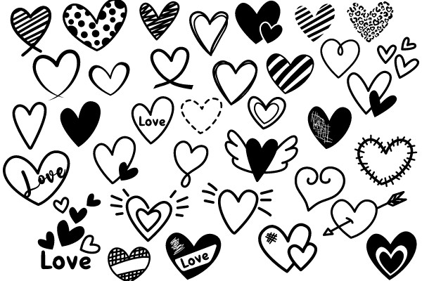 A Collection of Heart Symbols with the Word 'Love' Inscribed on Some