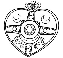 A Black and White Illustration of a Heart-Shaped Symbol with Detailed Decorations and a Crescent Moon