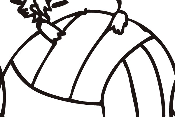 Amused Volleyball Creature: A Line Drawing of a Cartoon Character Embracing a Volleyball