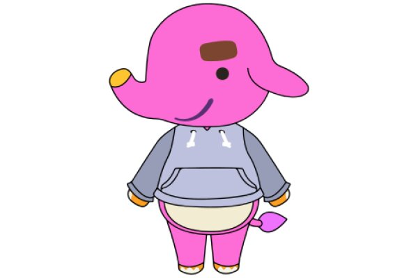 A Whimsical Pink Elephant with a Smile, Wearing a Cozy Gray Jacket and Pink Pants, Standing Against a White Background.