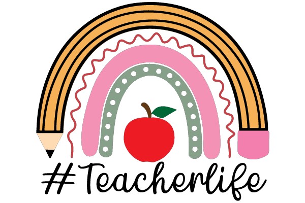 A Colorful Illustration of a Rainbow with an Apple and a Pencil, Representing Teacher Life with the Hashtag #TeacherLife