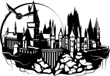 A Silhouette of a Cityscape with a Clock Tower, Surrounded by Buildings and Silhouettes of People