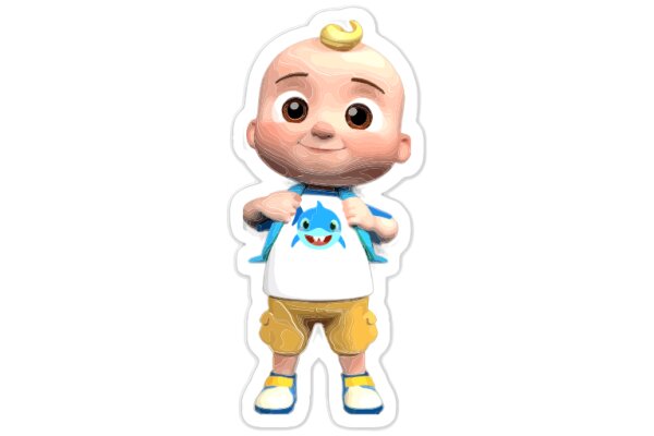 A Stylized 3D Character of a Baby with a Blue Shirt and a Stuffed Animal
