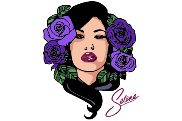 Stylized Portrait of a Woman with Purple Flowers and the Word 'Selena' in the Bottom Right Corner