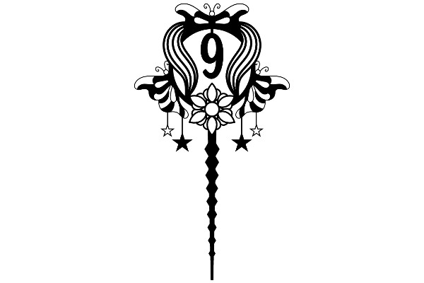 Stylized Number Nine with Floral Design and Stars