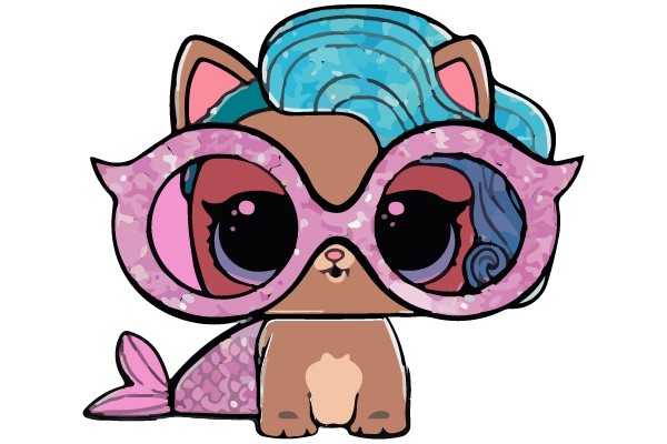 Kawaii Cat with Pink Glasses and Blue Hair
