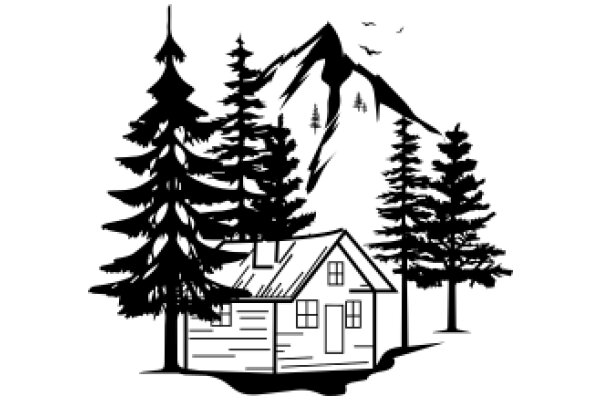 A Silhouette of a Cozy Cabin Nestled in a Forest with a Majestic Mountain in the Background