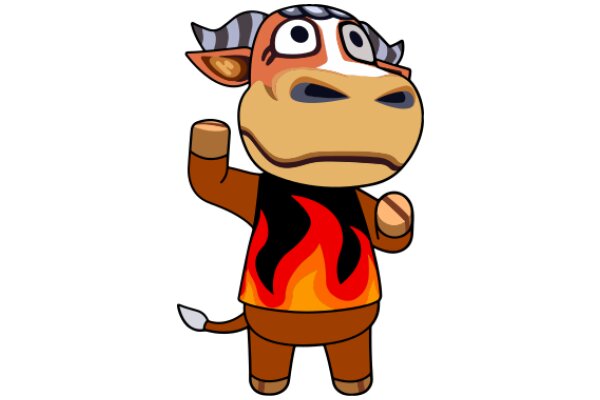 A Playful Cartoon of a Cow with a Flame Design on its Back, Standing with One Hand on its Hip and the Other Extended Outward.