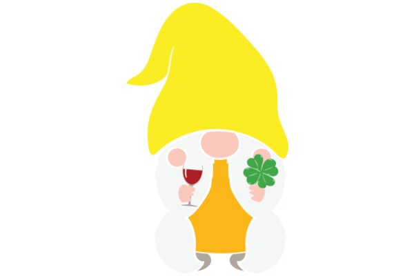 A Whimsical Illustration of a Yellow Gnome Holding a Wine Glass and a Clover
