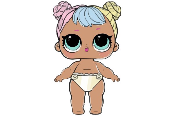 Pixilated Portrait of a Stylized Character with a Baby Doll Face and a Ponytail, Set Against a White Background.
