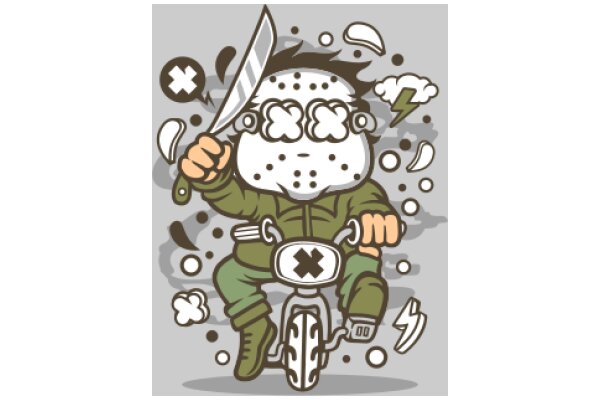 A Humorous Illustration of a Masked Biker with a Knife, Surrounded by a Chaotic Scene of Bubbles and a Lightning Strike.