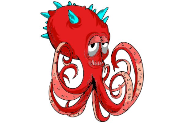 Vibrant Red Octopus with a Surprised Expression and Blue Spikes